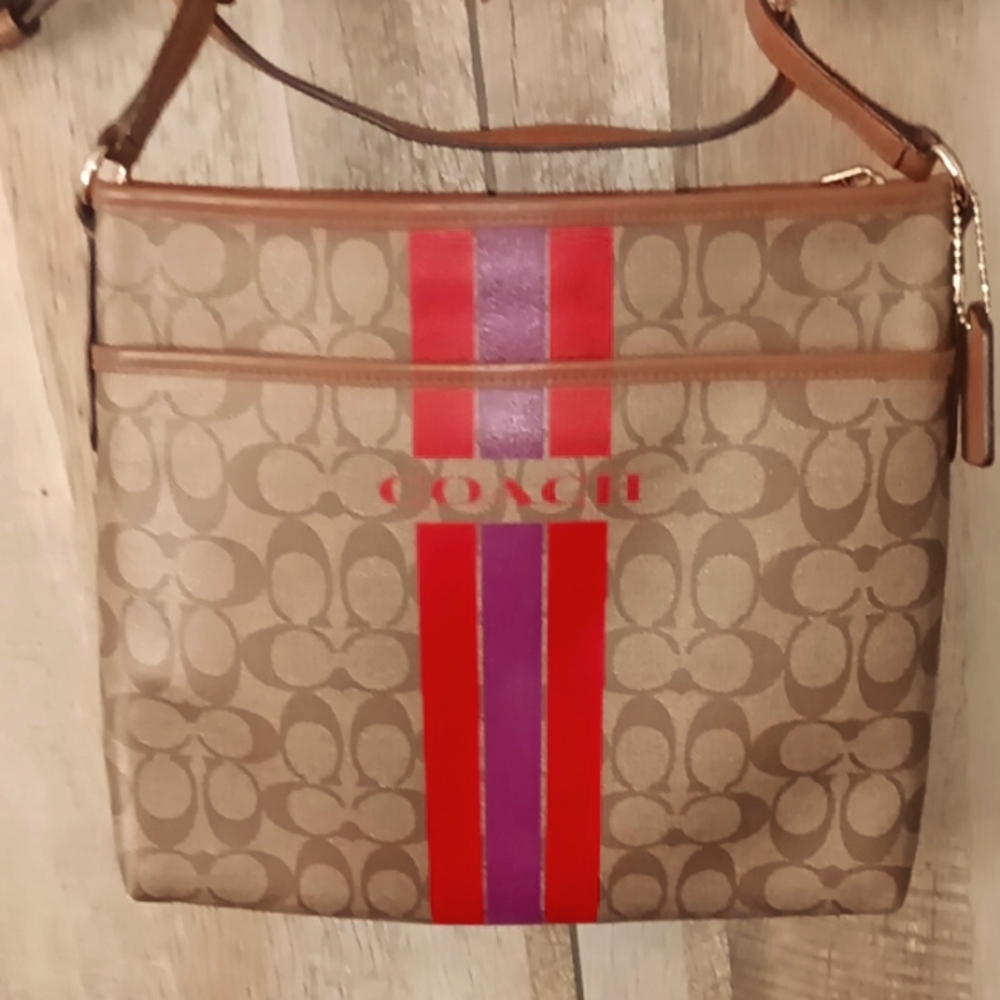 Coach Brown and Red Signature Crossbody Bag